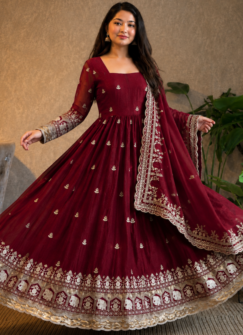 Women Zari Sequence Embroidered Maroon Fandy Satin Anarkali Suit Set