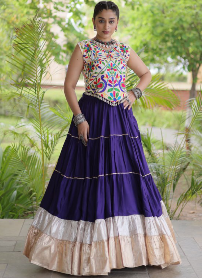 Women's Garba Wear Purple Rayon Fabric Kutchi Work Frill Lehenga Choli