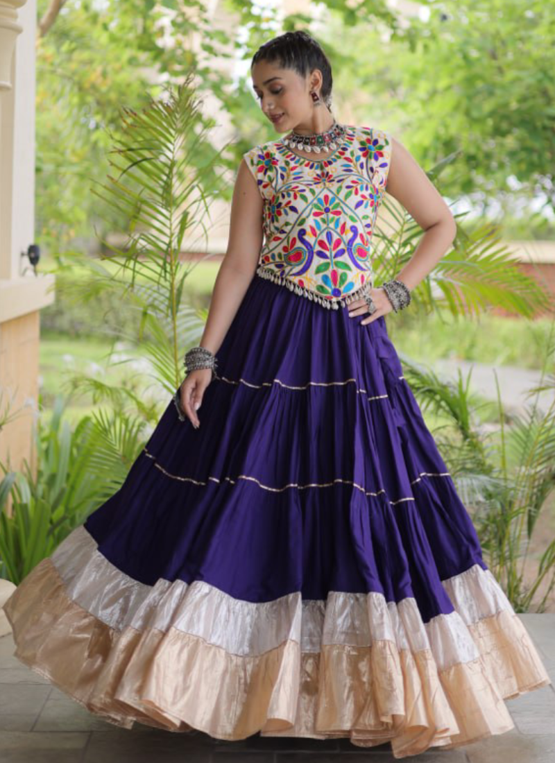 Women's Garba Wear Purple Rayon Fabric Kutchi Work Frill Lehenga Choli