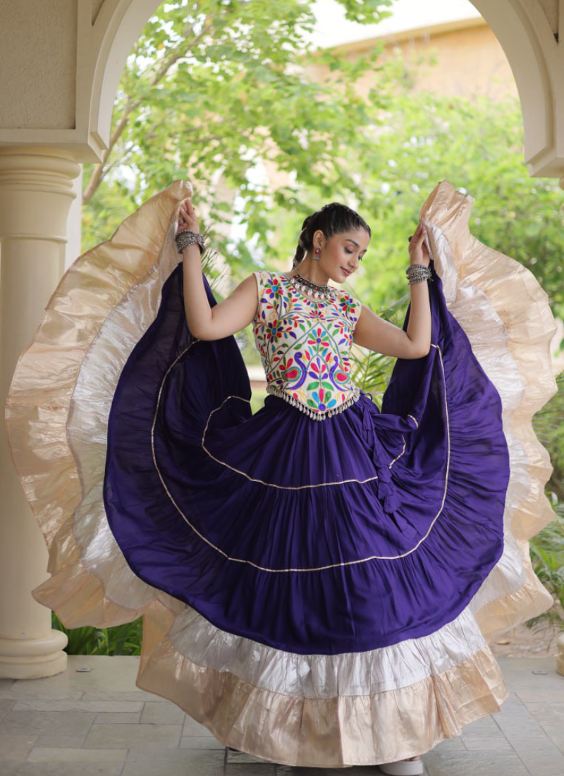 Women's Garba Wear Purple Rayon Fabric Kutchi Work Frill Lehenga Choli