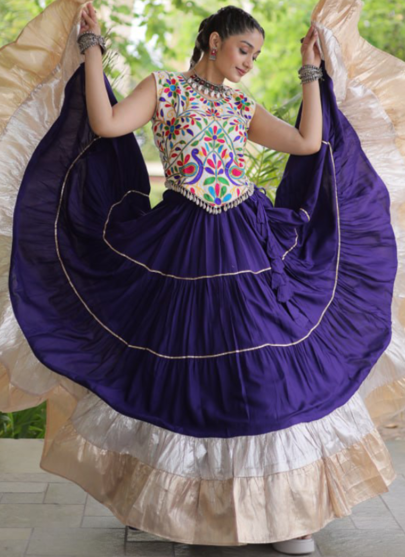 Women's Garba Wear Purple Rayon Fabric Kutchi Work Frill Lehenga Choli