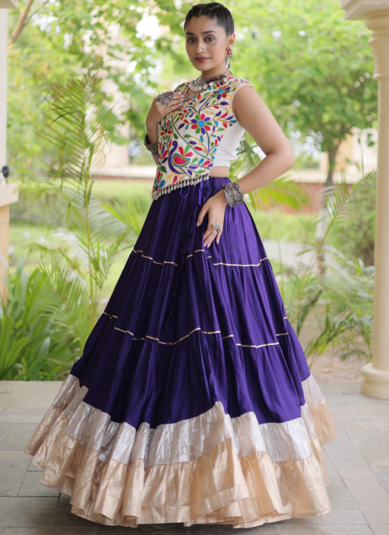 Women's Garba Wear Purple Rayon Fabric Kutchi Work Frill Lehenga Choli