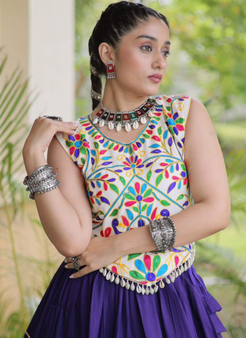 Women's Garba Wear Purple Rayon Fabric Kutchi Work Frill Lehenga Choli