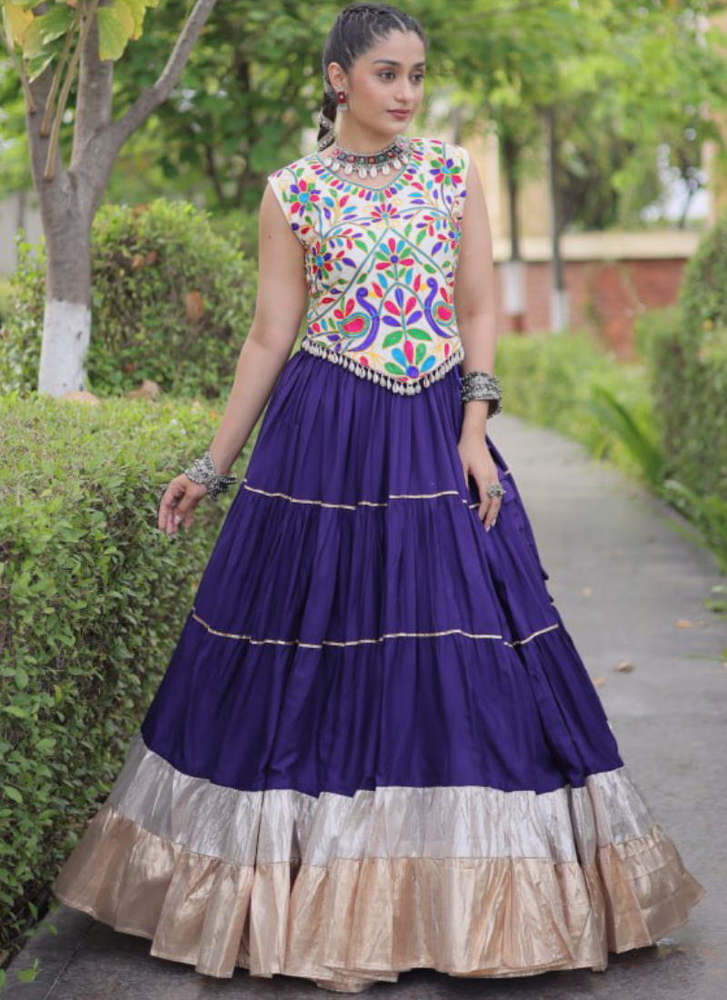 Women's Garba Wear Purple Rayon Fabric Kutchi Work Frill Lehenga Choli