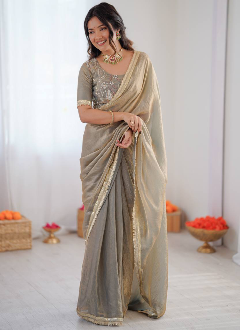 Wonderful Beads Work Blouse With Fendy Silk Grey Saree For Women