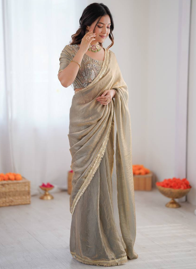 Wonderful Beads Work Blouse With Fendy Silk Grey Saree For Women