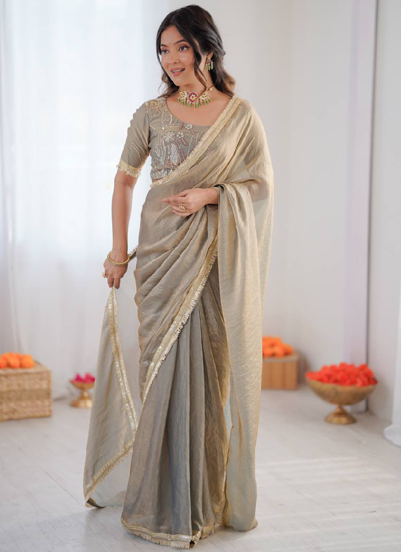 Wonderful Beads Work Blouse With Fendy Silk Grey Saree For Women