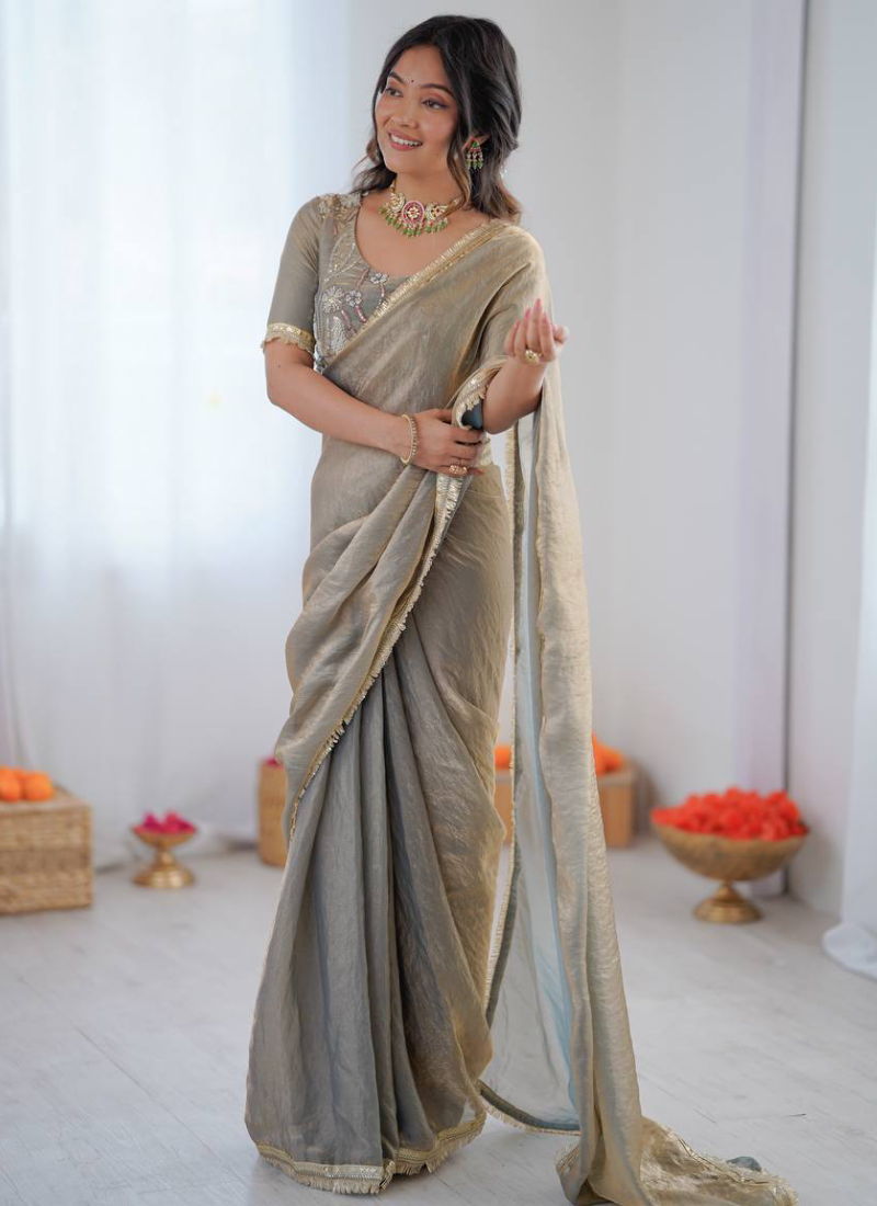 Wonderful Beads Work Blouse With Fendy Silk Grey Saree For Women