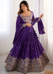 Wonderful Purple Thread Embroidery Work Silk Lehenga Choli For Women