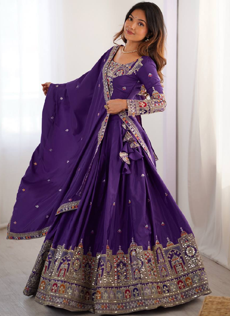 Wonderful Purple Thread Embroidery Work Silk Lehenga Choli For Women