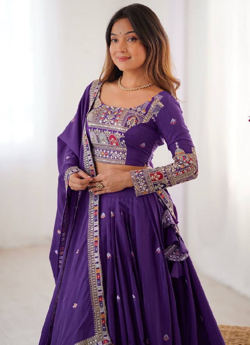 Wonderful Purple Thread Embroidery Work Silk Lehenga Choli For Women