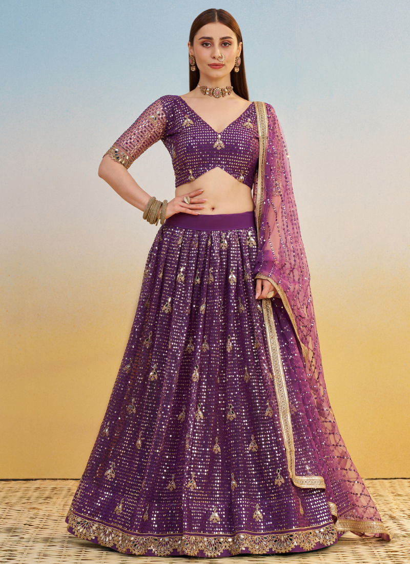 Wonderful Zari Sequence Embroidery Work Dark Purple Net Lehenga Choli