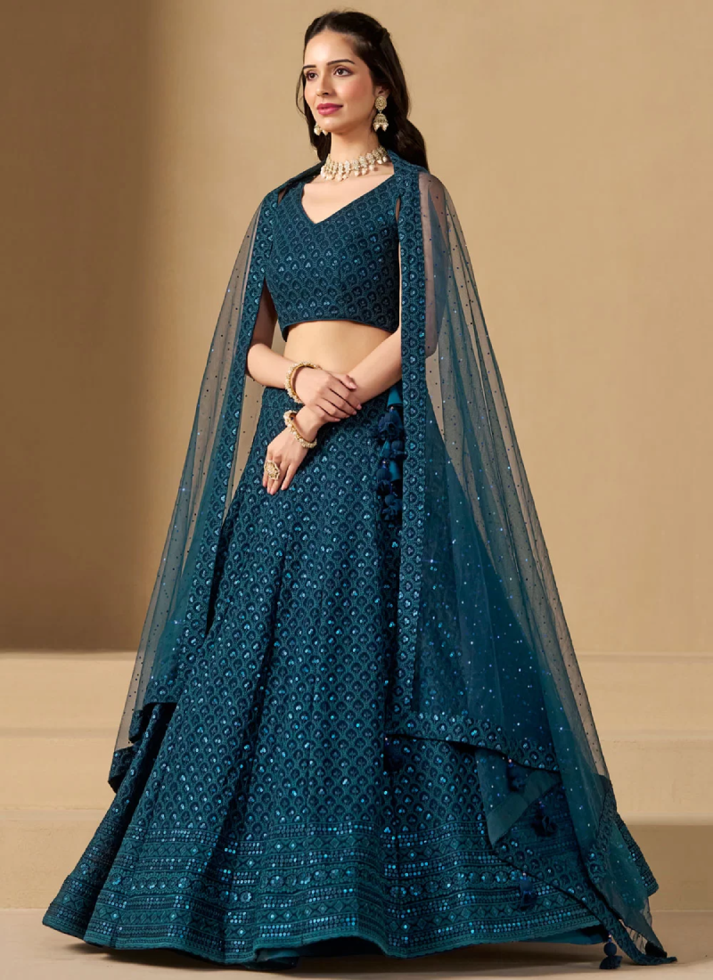 Wonderful Georgette Sequence Work Teal Blue Lehenga Choli For Women