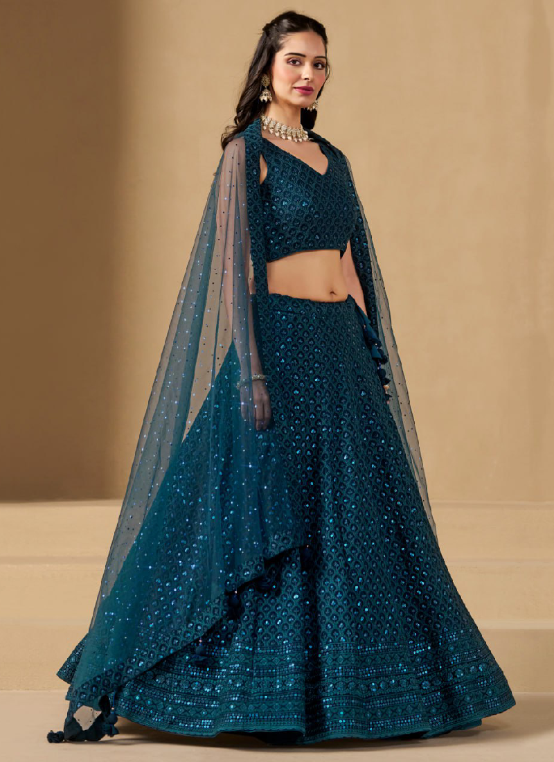 Wonderful Georgette Sequence Work Teal Blue Lehenga Choli For Women