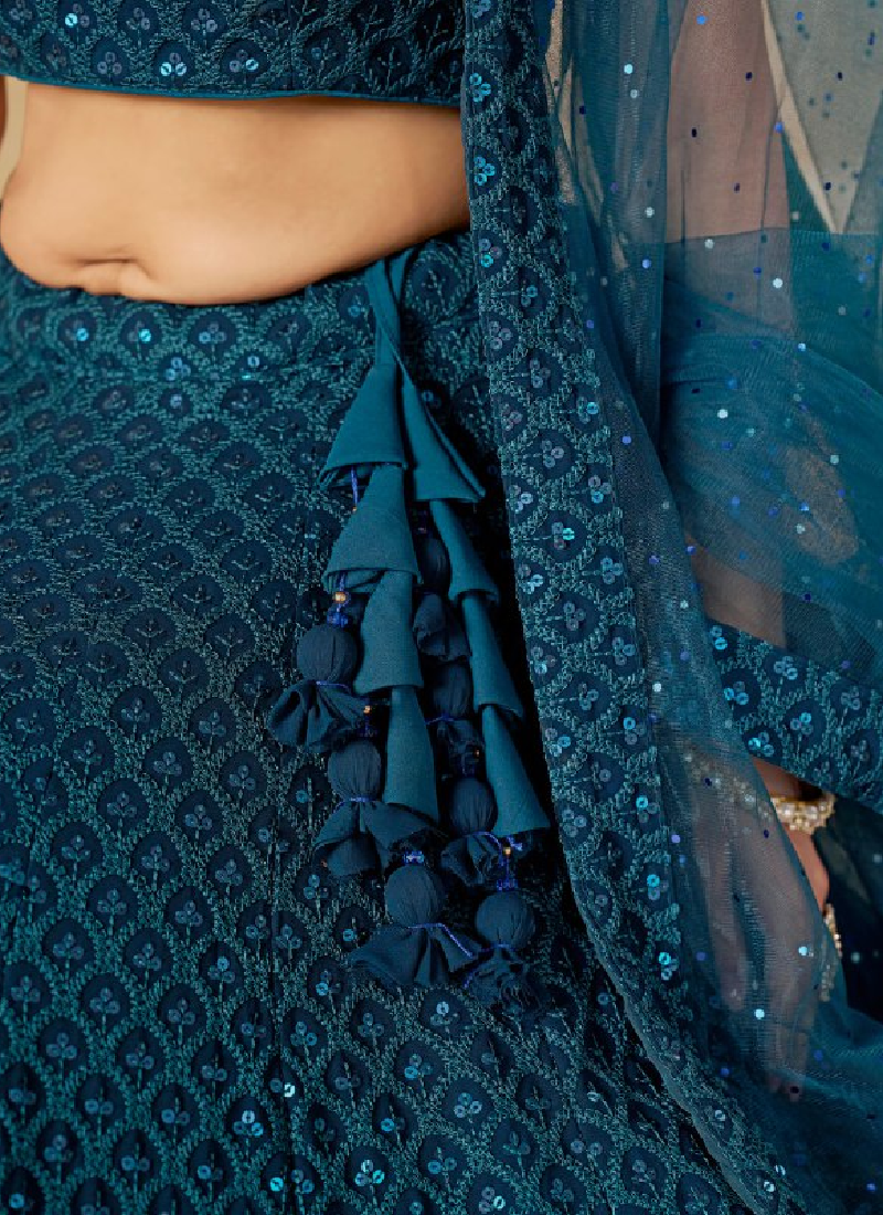Wonderful Georgette Sequence Work Teal Blue Lehenga Choli For Women