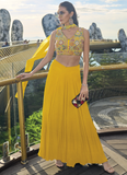 Yellow Chinon Silk Embroidered Haldi Special Crop Top With Palazzo