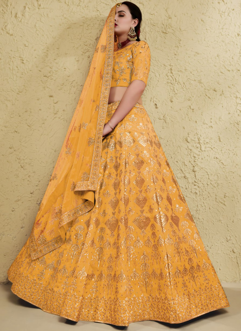 Yellow Embroidered Sequence Art Silk Designer Lehenga Choli For Women