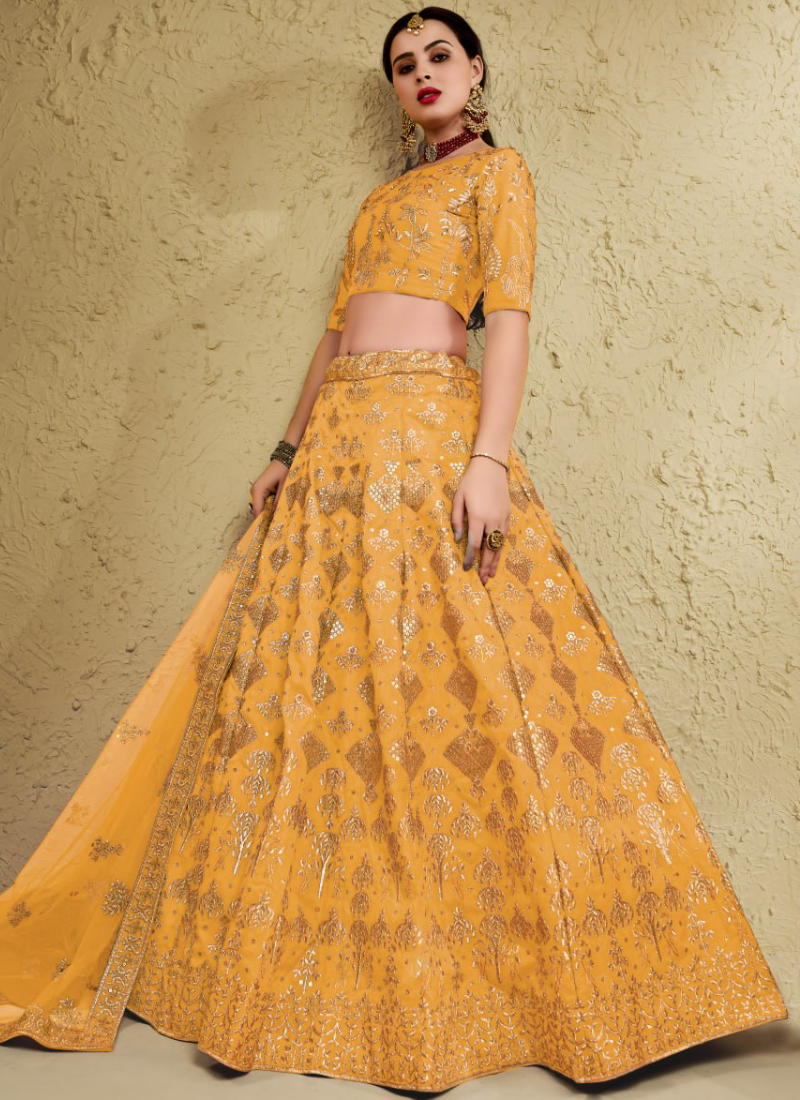 Yellow Embroidered Sequence Art Silk Designer Lehenga Choli For Women