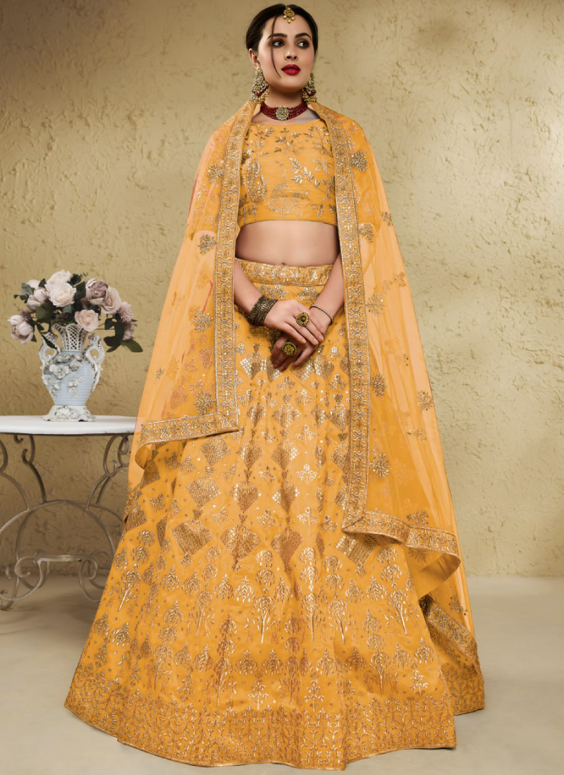 Yellow Embroidered Sequence Art Silk Designer Lehenga Choli For Women