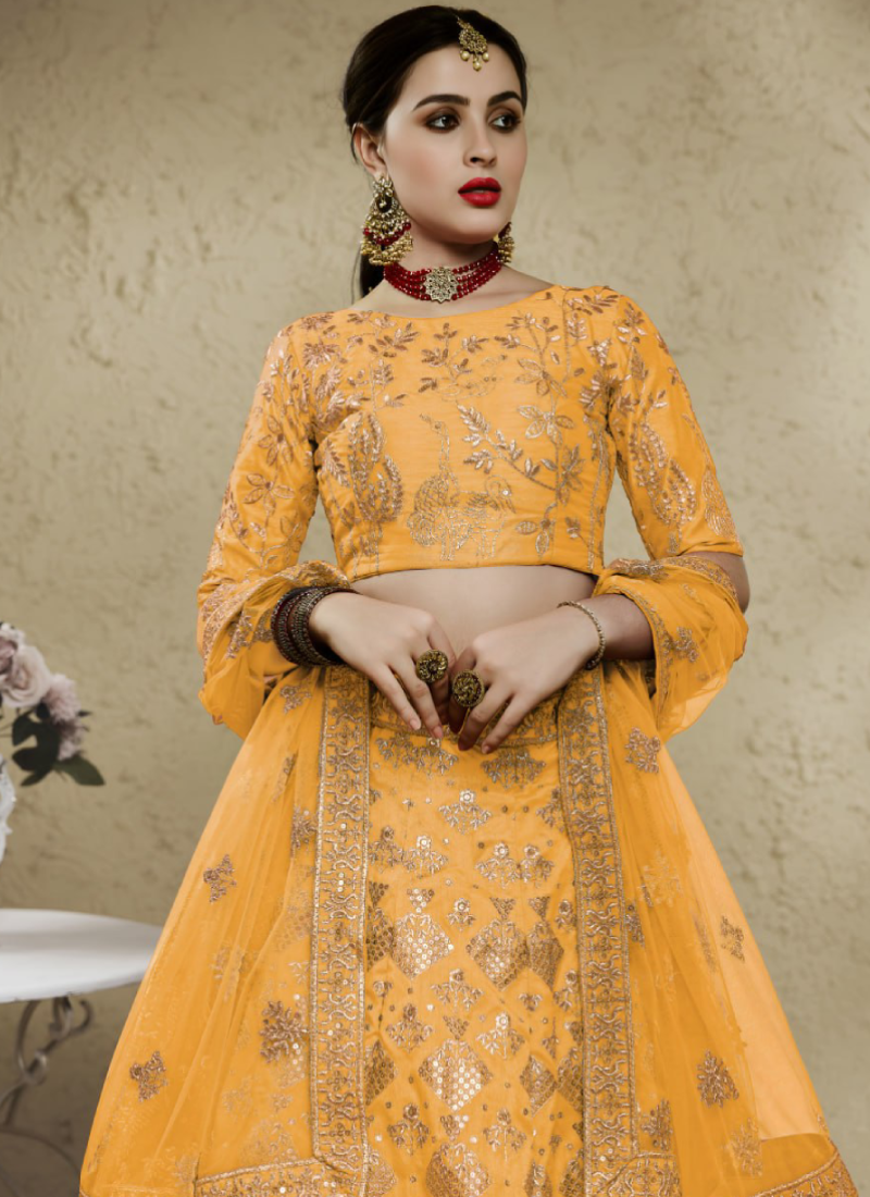 Yellow Embroidered Sequence Art Silk Designer Lehenga Choli For Women