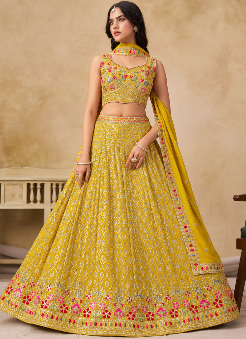 Yellow Georgette Heavy Thread Embroidered Lehenga Choli For Function