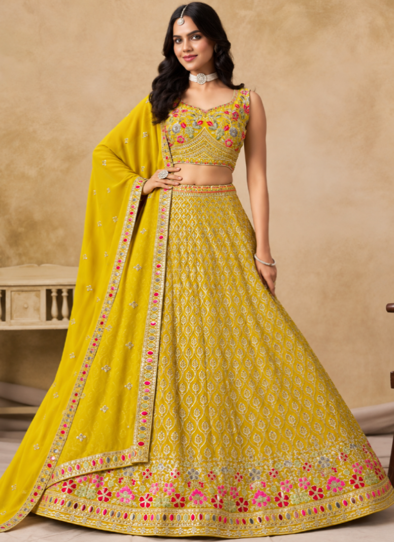 Yellow Georgette Heavy Thread Embroidered Lehenga Choli For Function