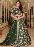 Zari Embroidered Art Silk Bottle Green Mehndi Wear Lehenga Choli Set