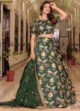 Zari Embroidered Art Silk Bottle Green Mehndi Wear Lehenga Choli Set
