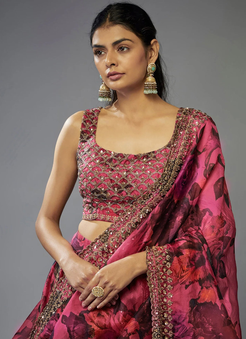 Zari Embroidered Floral Printed Pink Organza Lehenga Choli For Wedding