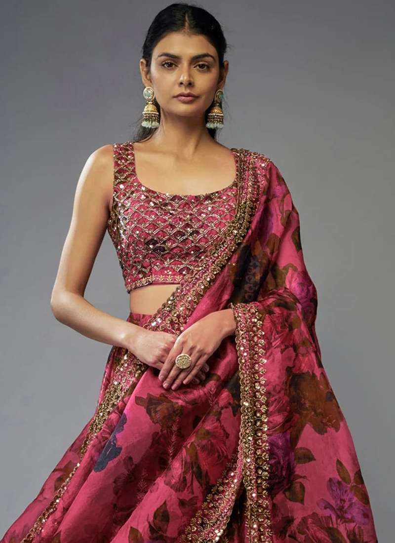 Zari Embroidered Floral Printed Pink Organza Lehenga Choli For Wedding
