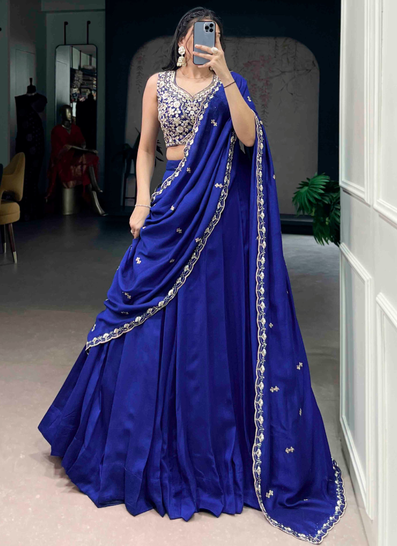 Zari Embroidered Kashmiri Silk Royal Blue Festival Wear Lehenga Choli