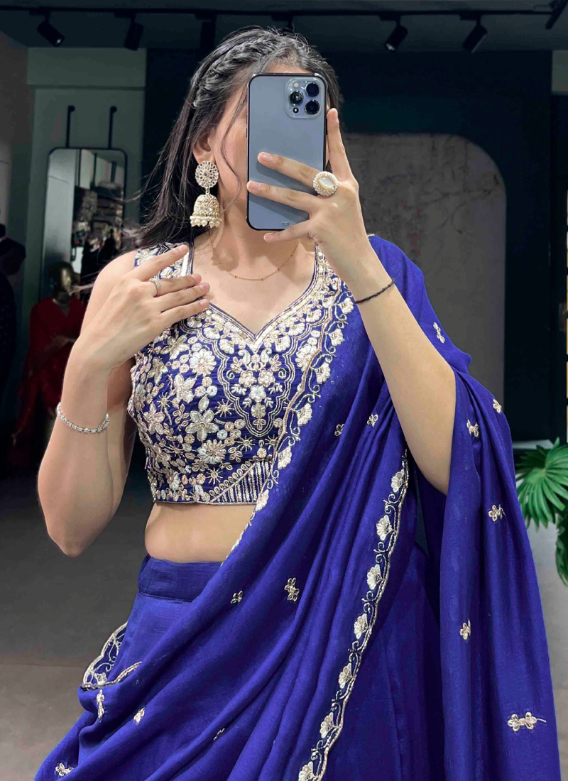 Zari Embroidered Kashmiri Silk Royal Blue Festival Wear Lehenga Choli