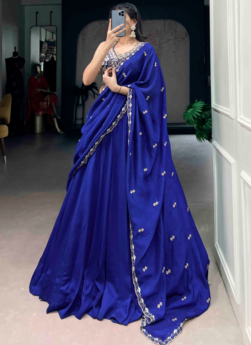 Zari Embroidered Kashmiri Silk Royal Blue Festival Wear Lehenga Choli