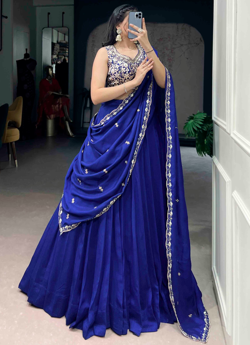 Zari Embroidered Kashmiri Silk Royal Blue Festival Wear Lehenga Choli