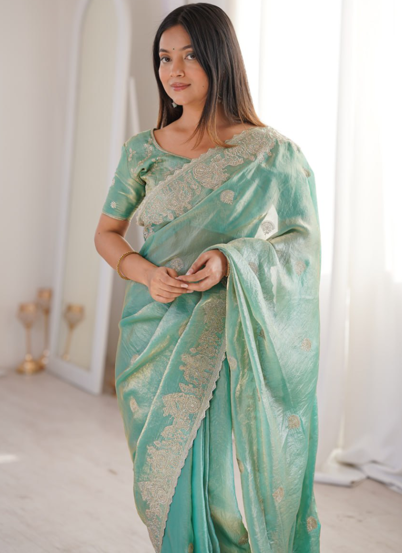 Zari Embroidered Sea Green Fendy Crush Silk Fancy Saree For Wedding