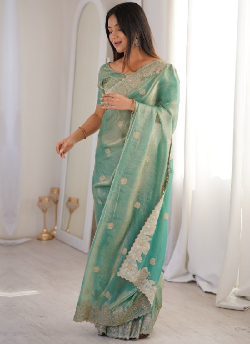 Zari Embroidered Sea Green Fendy Crush Silk Fancy Saree For Wedding