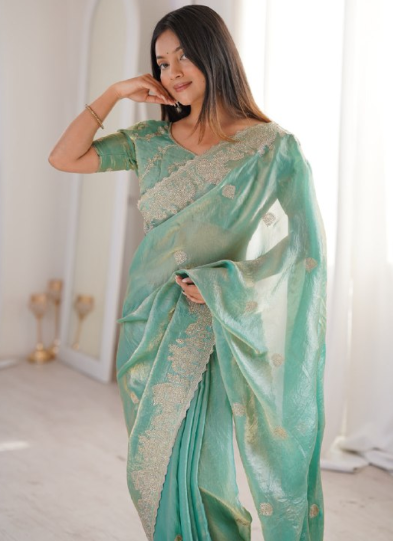 Zari Embroidered Sea Green Fendy Crush Silk Fancy Saree For Wedding