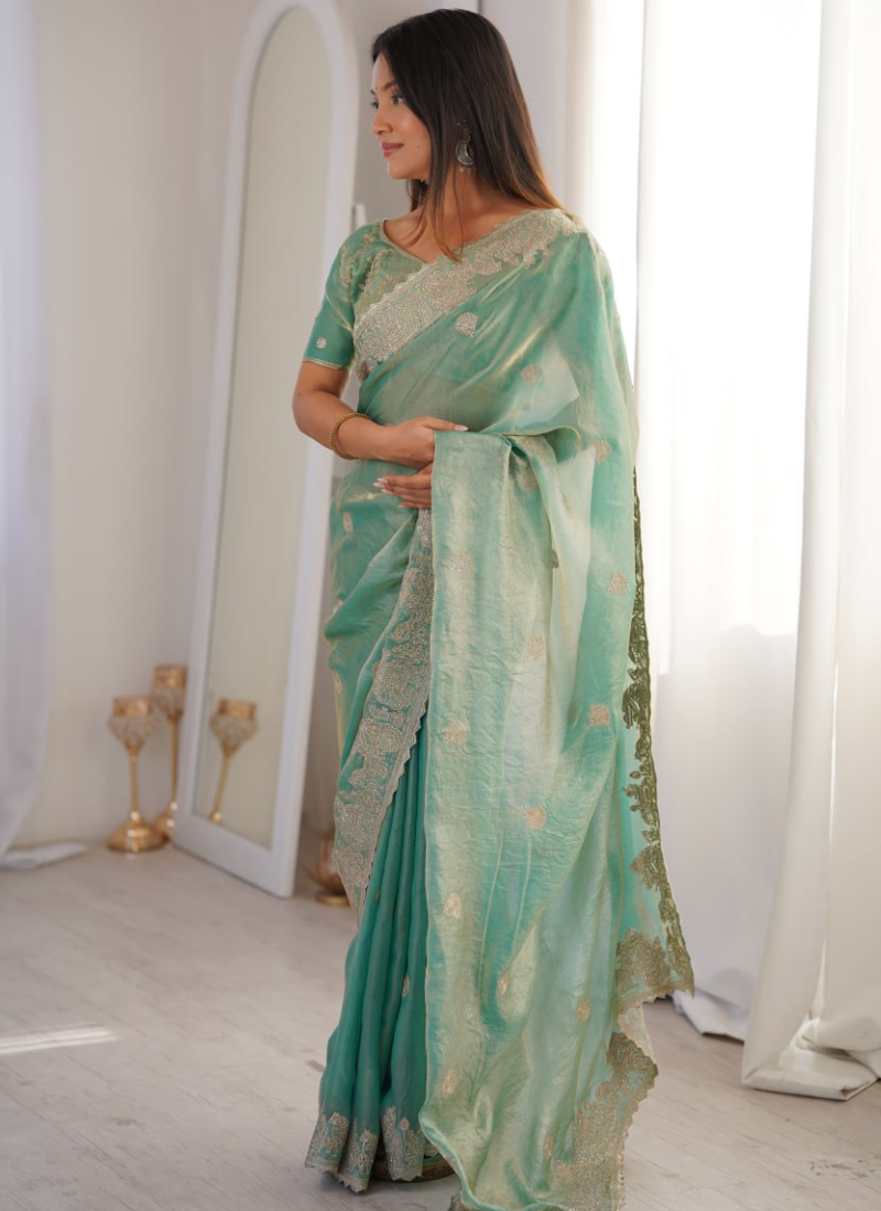 Zari Embroidered Sea Green Fendy Crush Silk Fancy Saree For Wedding