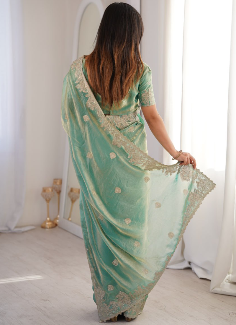 Zari Embroidered Sea Green Fendy Crush Silk Fancy Saree For Wedding