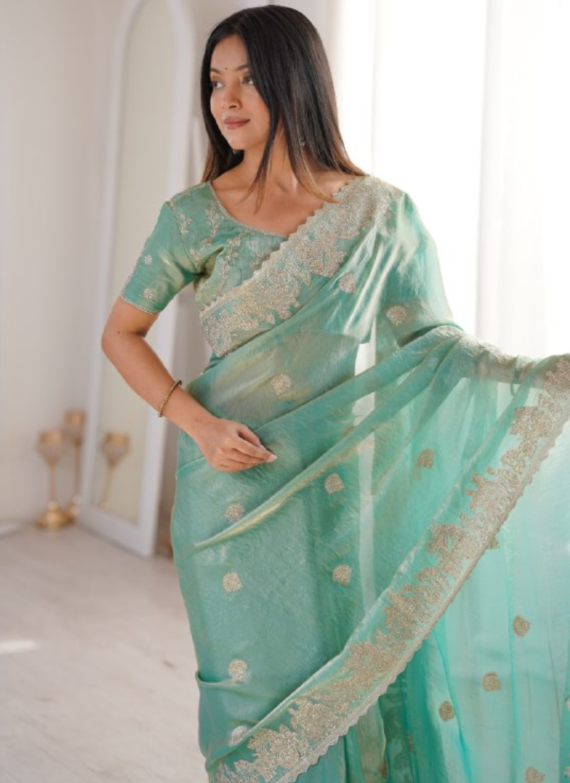 Zari Embroidered Sea Green Fendy Crush Silk Fancy Saree For Wedding
