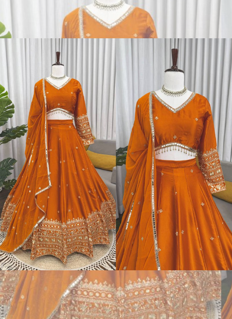 Zari Embroidered Trending Orange Japan Satin Lehenga Choli For Women