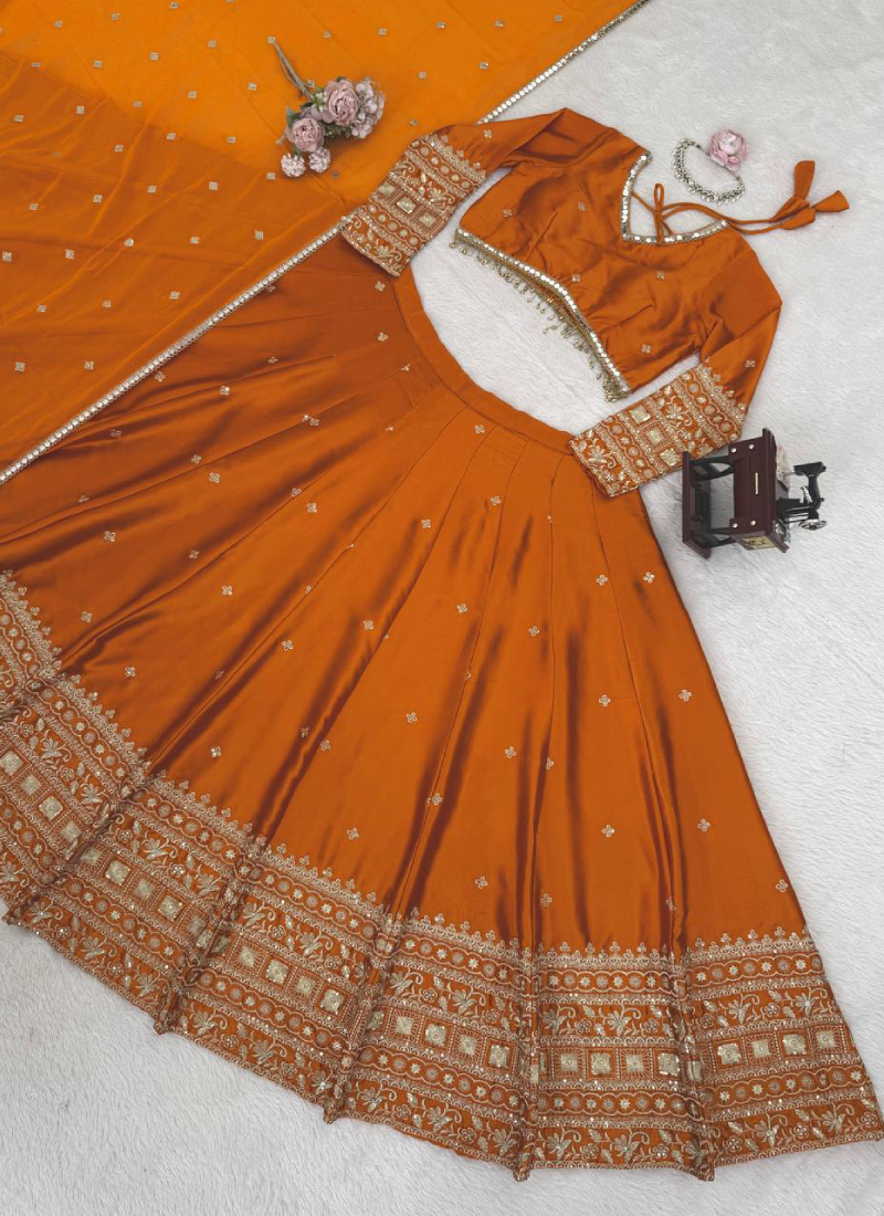 Zari Embroidered Trending Orange Japan Satin Lehenga Choli For Women