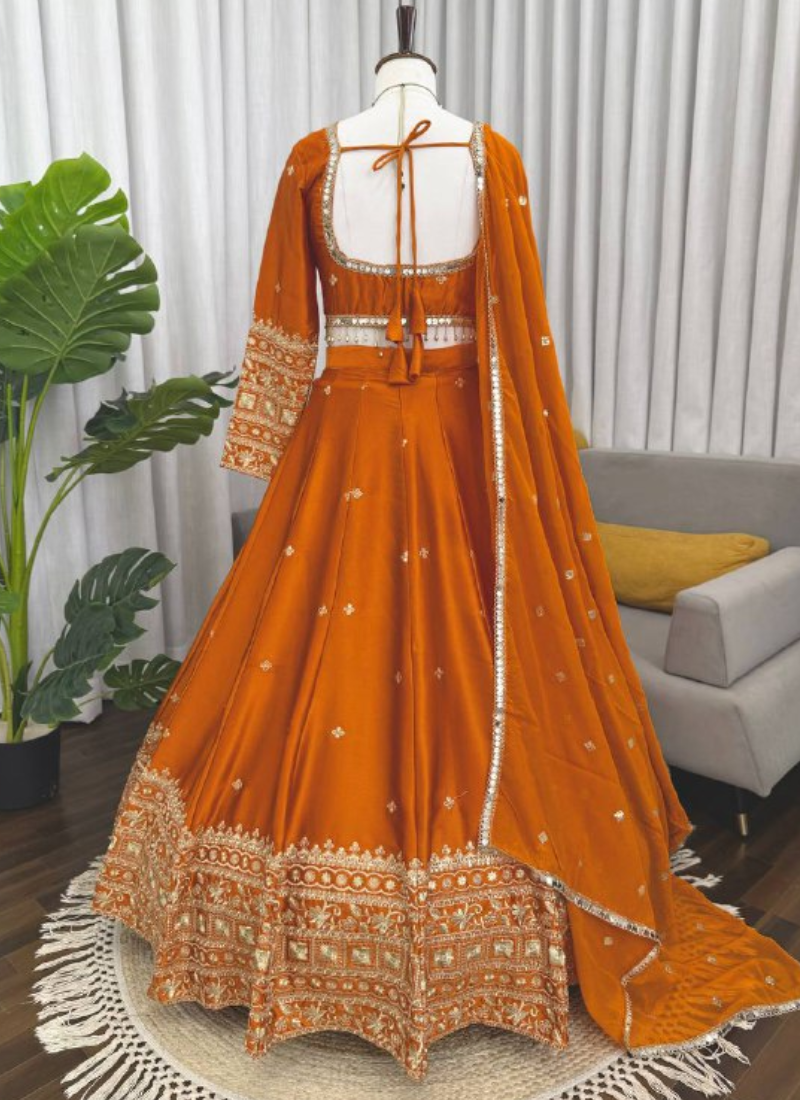 Zari Embroidered Trending Orange Japan Satin Lehenga Choli For Women