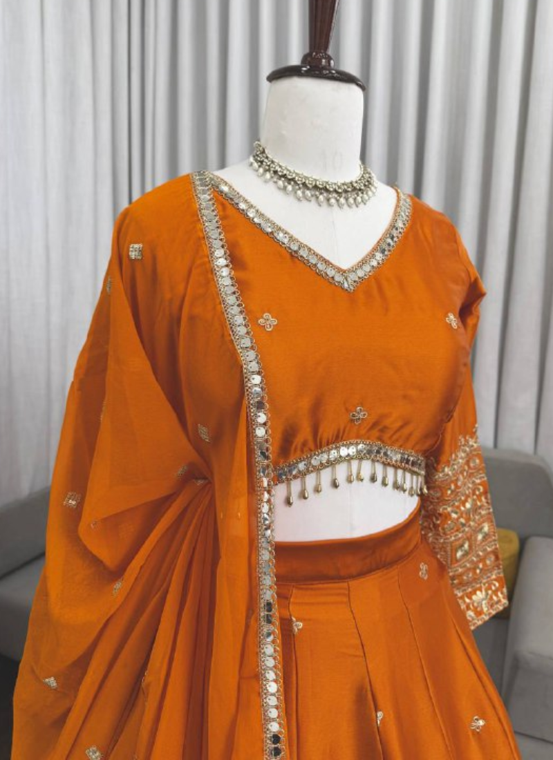 Zari Embroidered Trending Orange Japan Satin Lehenga Choli For Women
