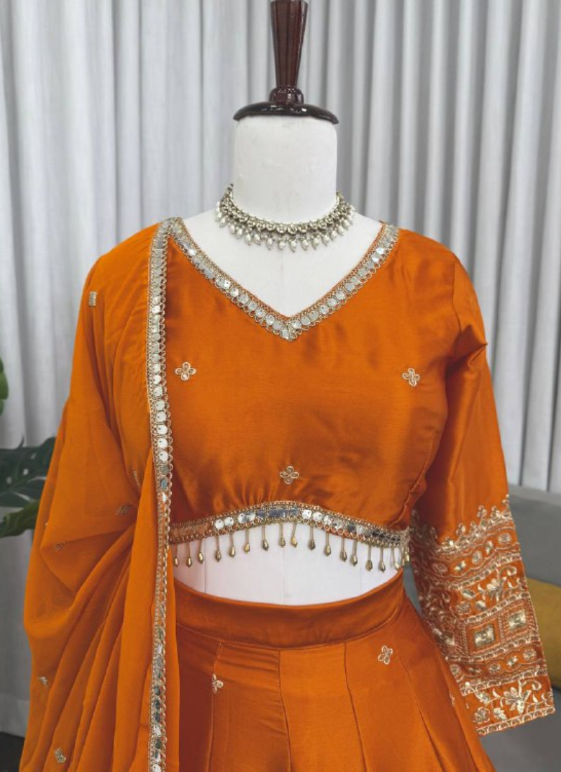 Zari Embroidered Trending Orange Japan Satin Lehenga Choli For Women
