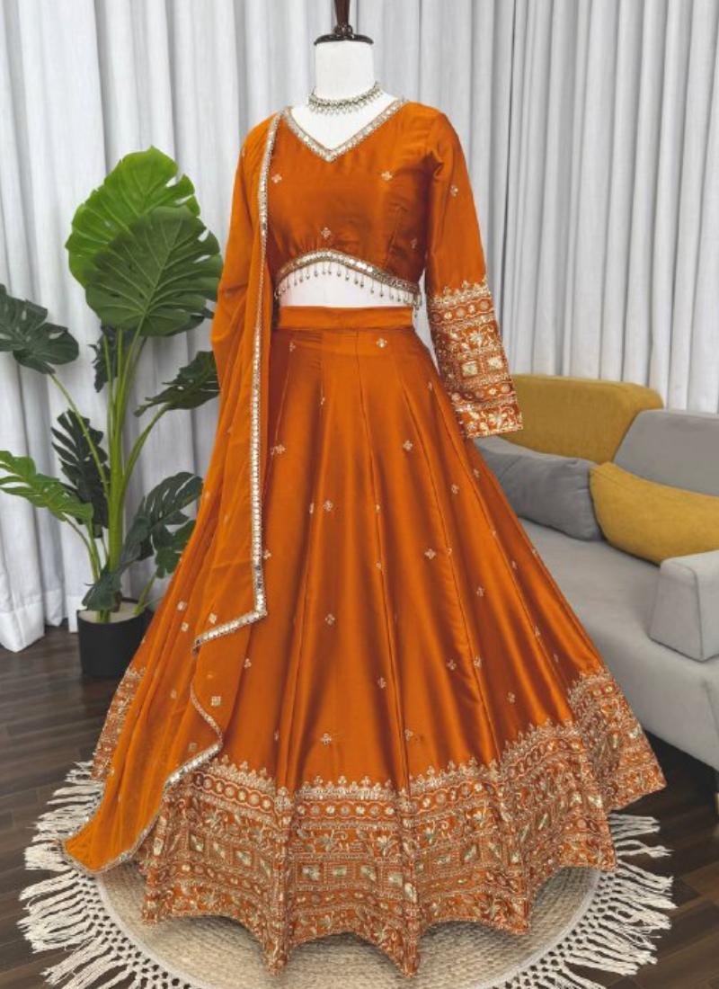 Zari Embroidered Trending Orange Japan Satin Lehenga Choli For Women