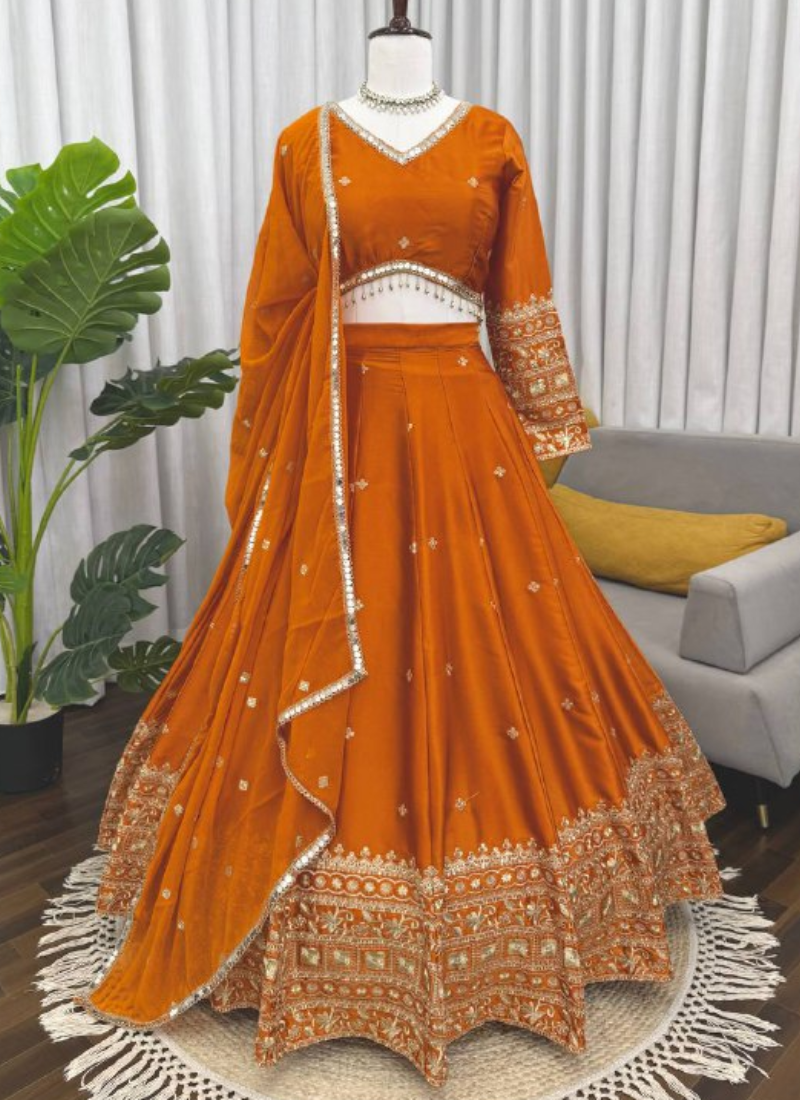 Zari Embroidered Trending Orange Japan Satin Lehenga Choli For Women