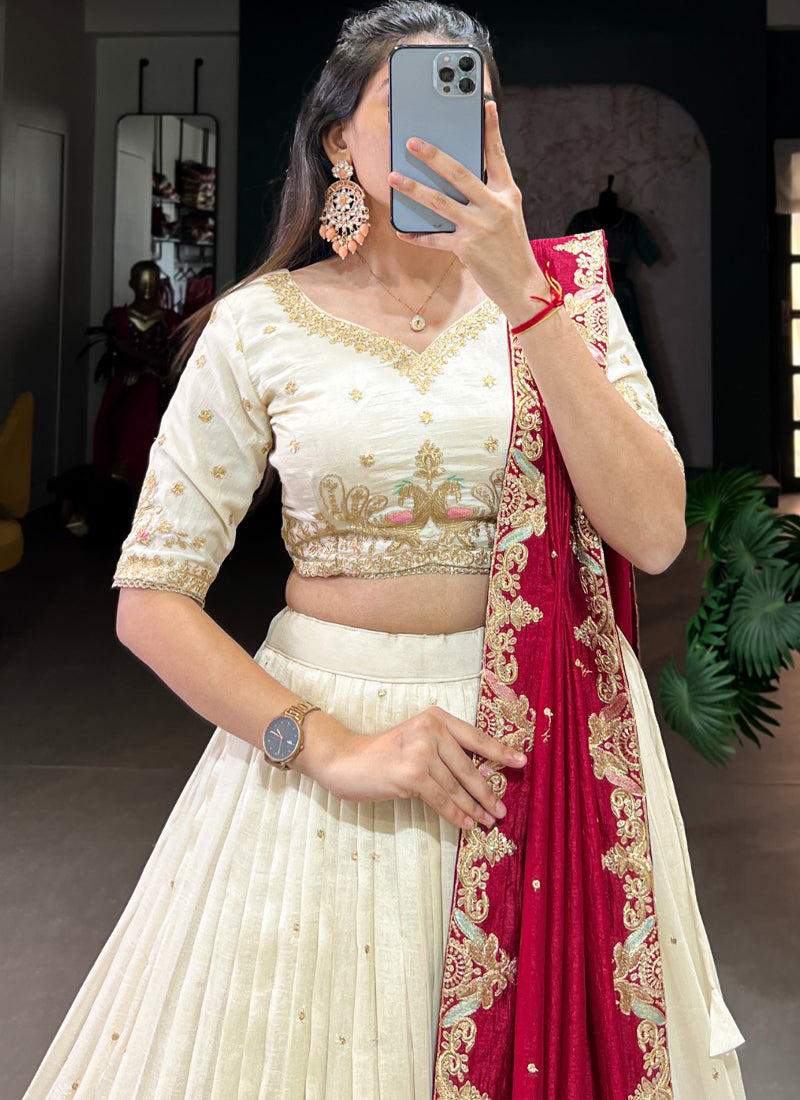 Zari Embroidered Vichitra Silk Off White Wedding Wear Lehenga Choli