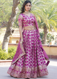 Zari Embroidered Viscose Jacquard Magenta Pink Lehenga Choli