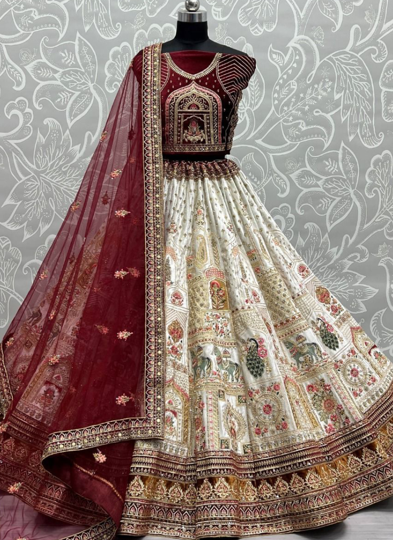 Zari Embroidered White Velvet Bridal Lehenga With Maroon Blouse
